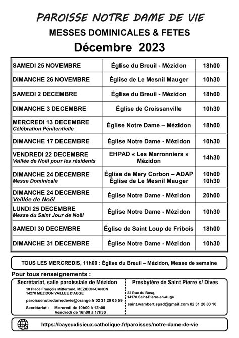 planning décembre 2023 Les catholiques du Calvados