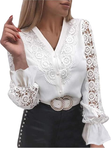 Xiaoyuer Damen Bluse Langarm Herren Button Shirt Sexy Stitching Lace