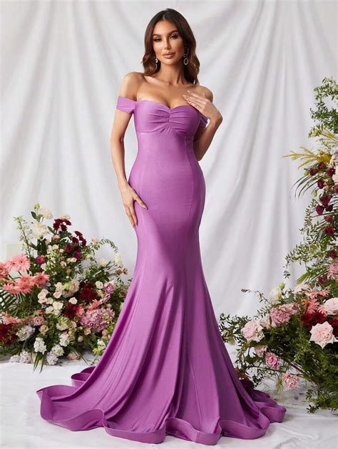 Off Shoulder Ruched Bust Mermaid Hem Satin Prom Dress Shein Usa