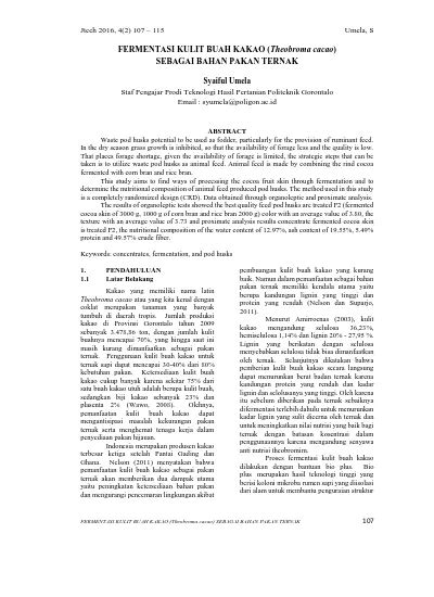 Fermentasi Kulit Buah Kakao Theobroma Cacao Sebagai Bahan Pakan