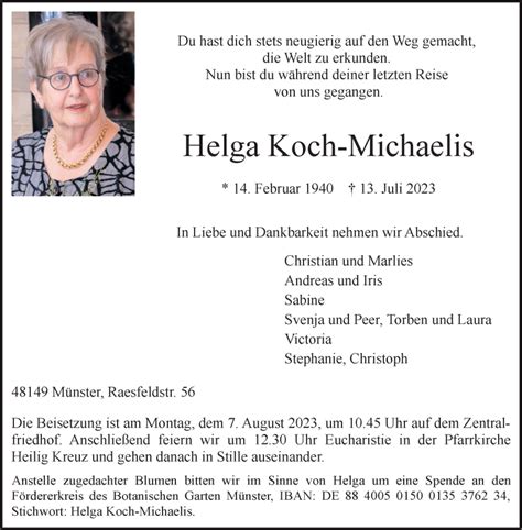 Traueranzeigen Von Helga Koch Michaelis Trauer Ms