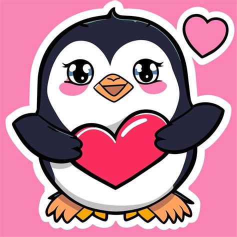 Lindo pingüino amor corazón signo dibujado a mano dibujos animados