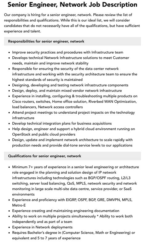 Senior Engineer Network Job Description Velvet Jobs