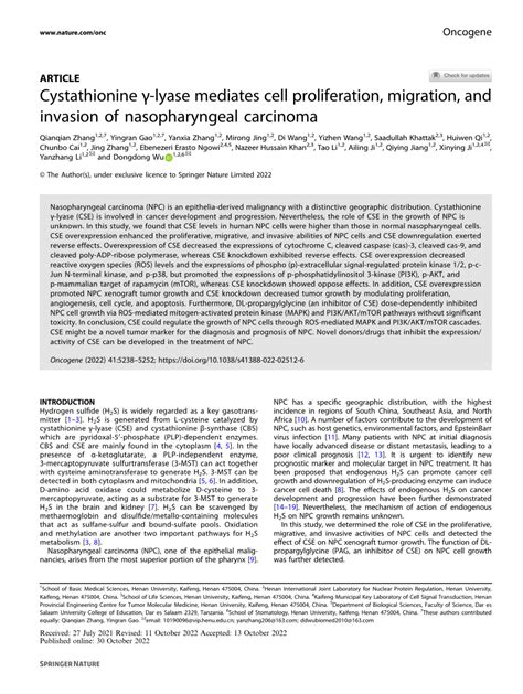 Pdf Cystathionine γ Lyase Mediates Cell Proliferation Migration And