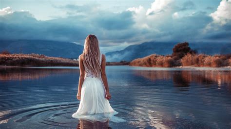 Wallpaper Sky Photograph Nature Beauty Water Reflection Sea Cloud Girl Dress Horizon