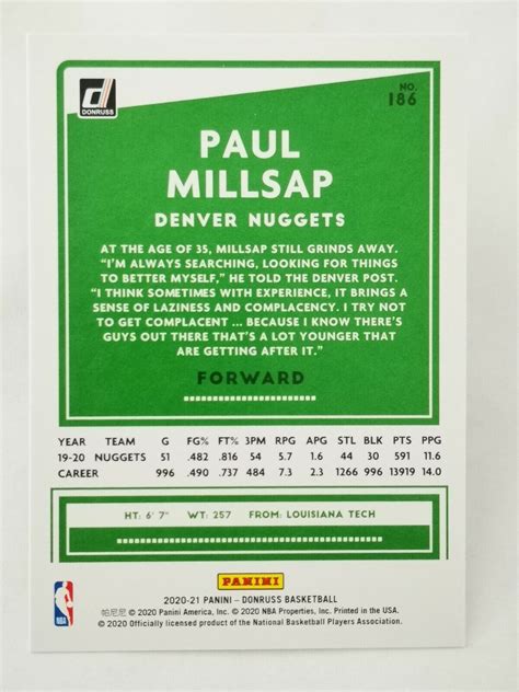 Panini Donruss 2020 21 N17 NBA Trading Card 186 Denver Nuggets Paul