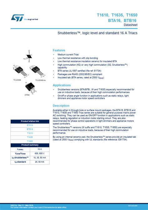 T G Stmicroelectronics Triacs Hoja De Datos Ficha T Cnica