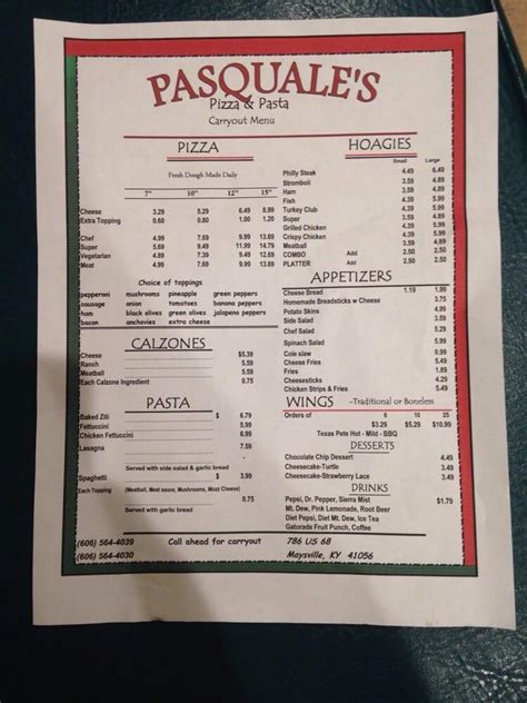 Menu at Pasquale's Restaurant, Maysville, 786 US-68