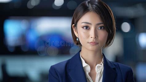 Japanese Female News Anchor Reporting in Studio with Serious Expression ...