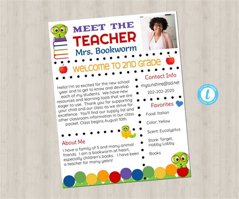 Editable Meet The Teacher Template Colorful Rainbow Bookworm Etsy Australia