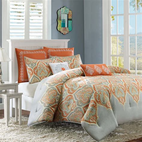 Orange And Grey Updated Paisley Comforter Set And Decorative Pillows