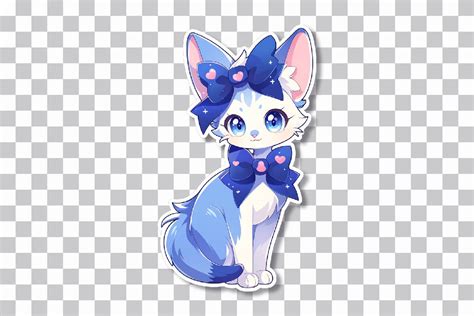 Cute Blue Anime Cat with Bow Sticker - Free Digital PNG Stickers