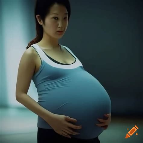 Pregnant Japanese Mother In A Gym Film Scene With A Dark Color One