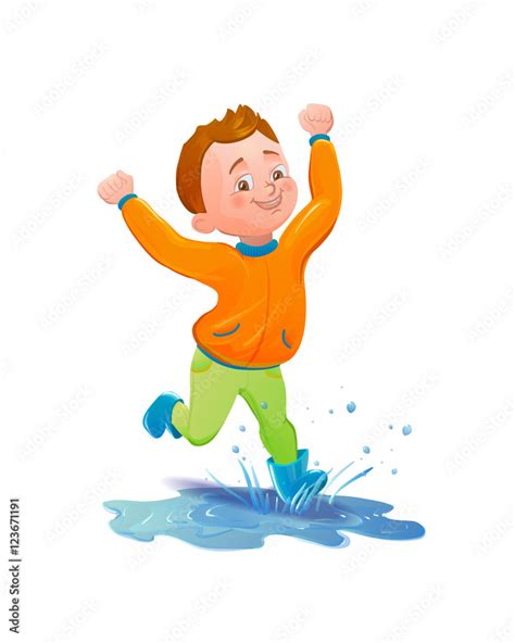 Boy In Raincoat Jumping And Playing In The Rain Smiling Cartoon