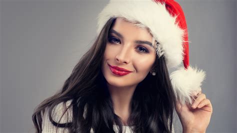 4k Christmas Gray Background Brunette Girl Winter Hat Glance Hair