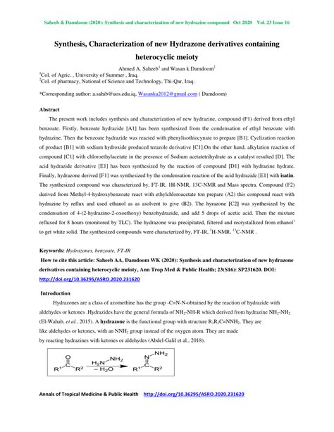 Pdf Synthesis Characterization Of New Hydrazone Derivatives