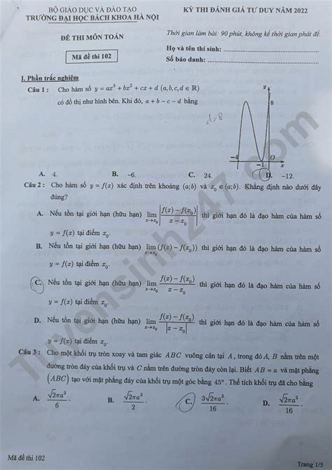 Đề Thi đánh Giá Tư Duy Đại Học Bách Khoa Hà Nội Năm 2022 Môn Toán