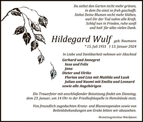 Traueranzeigen Von Hildegard Wulf Trauer Kreiszeitung De