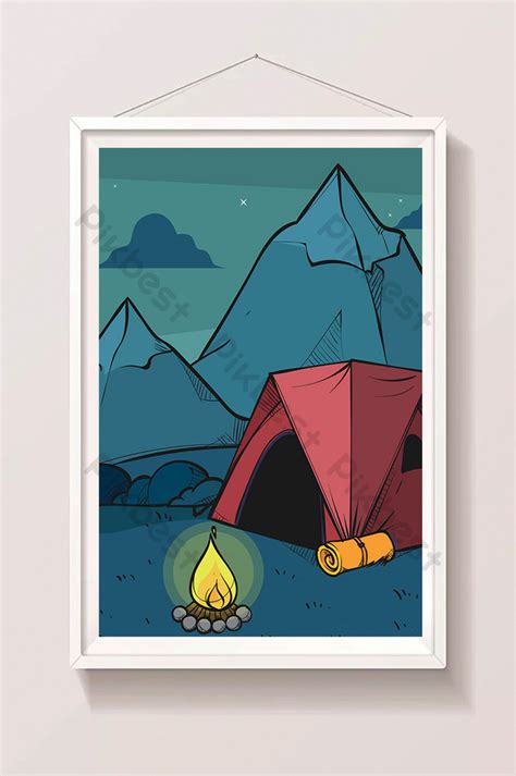 cold color cartoon drawing autumn night tent fire flat illustration background | Illustration ...