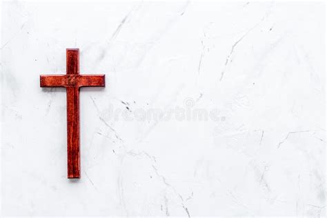 Funeral Concept. Wooden Cross on White Stone Background Top View Copy ...