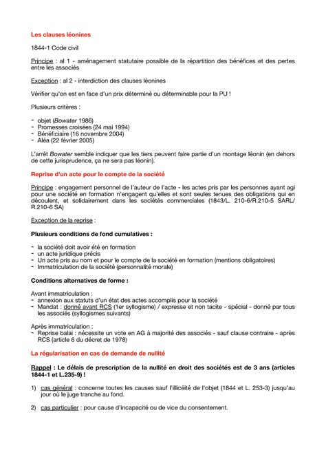 Trames Du Cours Magistral De Droit Sp Cial Des Soci Tes Les Clauses