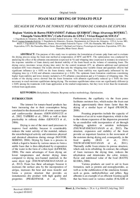 Pdf Foam Mat Drying Of Tomato Pulp Secagem De Polpa De Tomate Pelo Método De Camada De