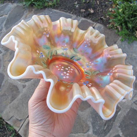 Antique Dugan Enameled Single Flower Peach Opal Carnival Glass 3n1 Bowl Carnival Glass