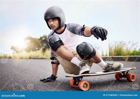 Skateboard Slide Action And Man In Road For Sports Competition