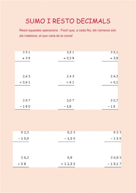 Sumes I Restes Decimals Worksheet