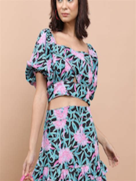 Buy Tokyo Talkies Floral Printed Square Neck Crop Top With Layered Ruffle Skirt Co Ords For