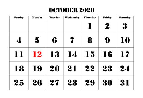 Free Printable October Holidays 2020 Calendar Template