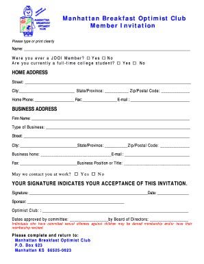 Fillable Online Manhattan Breakfast Optimist Club Member Invitation Fax