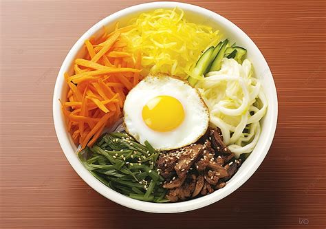 Korean Bibimbap For Lunch Background Bracken Herbs Fried Eggs