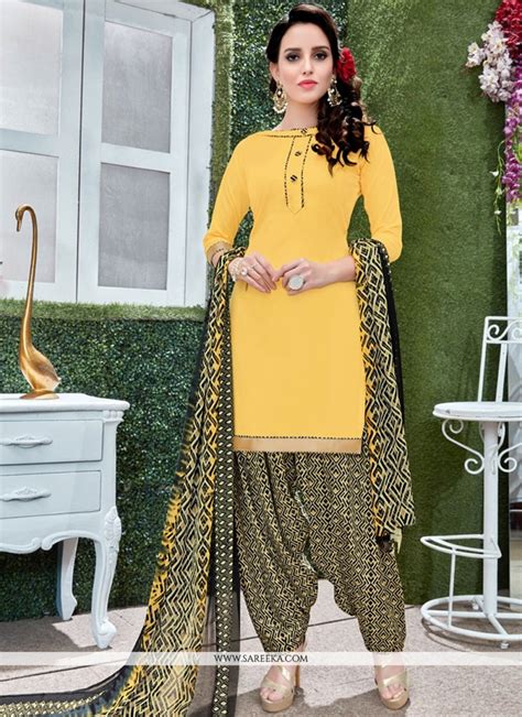 Shop Yellow Faux Crepe Punjabi Suit Online Casual Salwar Suits