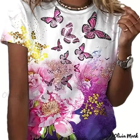 Olivia Mark Womens Plus Size Butterfly And Floral Print Casual T