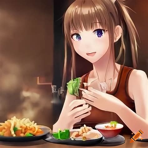 Illustration Of An Anime Girl Enjoying A Hibachi Feast On Craiyon