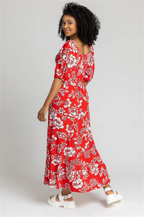 Petite Floral Print Shirred Bodice Maxi Dress In Red Roman Uk