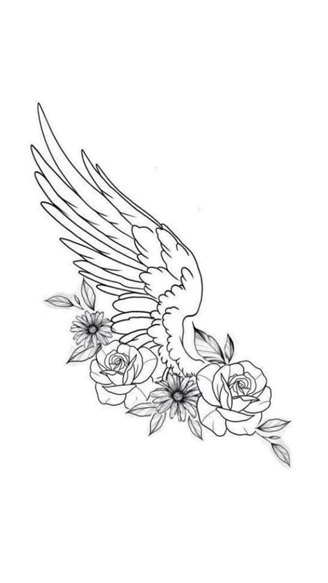 Beautiful Rose Tattoo Stencil Image Combined With Bird Wings Rose