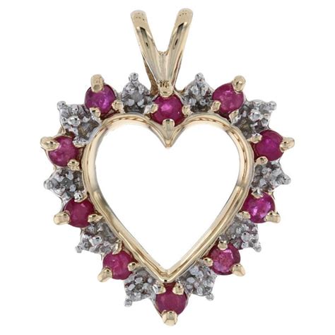 Yellow Gold Synthetic Ruby And Diamond Heart Pendant 10k Checkerboard