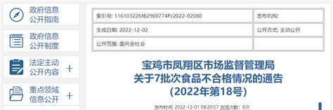 陕西省宝鸡市凤翔区市场监管局关于7批次食品不合格情况的通告（2022年第18号）手机新浪网