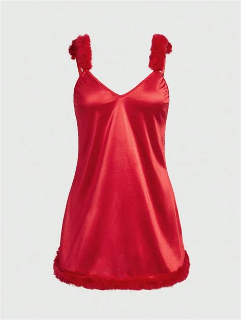 Romwe Valentines Day Sexy Fuzzy Trim Satin Slip Dress Shein Usa