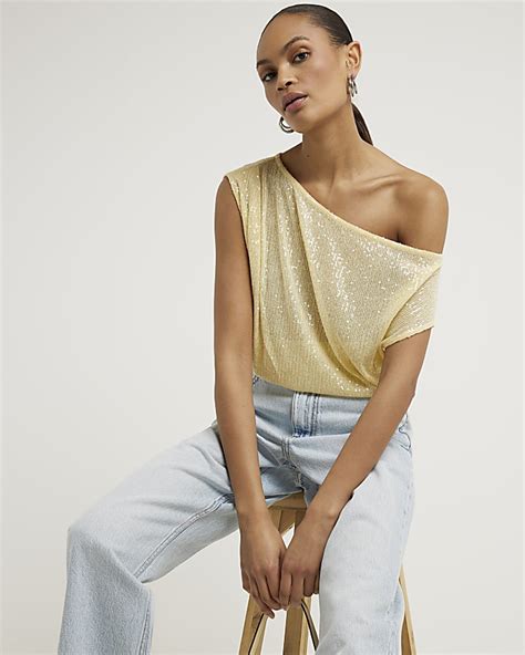 Yellow Sequin Off Shoulder Top River Island