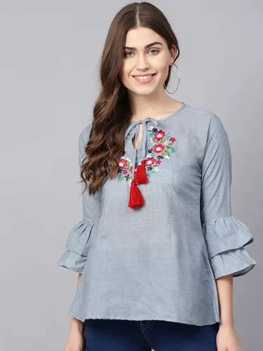 Women S Blue Embroidered Detail Chambray A Line Top At Rs Rani