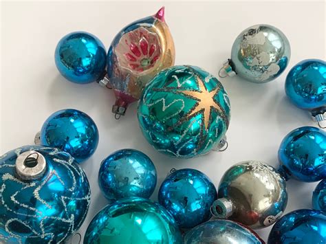 Vintage Blue Glass Ornaments Mixed Lot Of 24 Blue Aqua Turquoise Silver Tone Christmas Tree