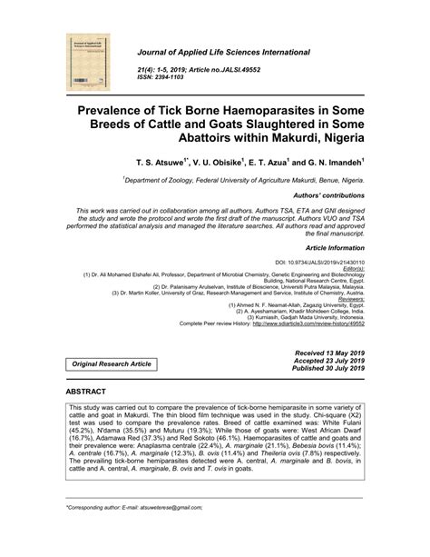 Pdf Prevalence Of Tick Borne Haemoparasites In Some Breeds Of Cattle