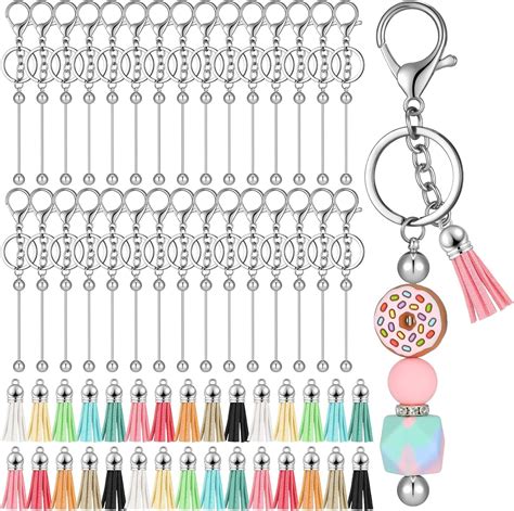 Huquary 30 Set Beadable Keychain Bars Including Silver Blanks Bead Keychain And