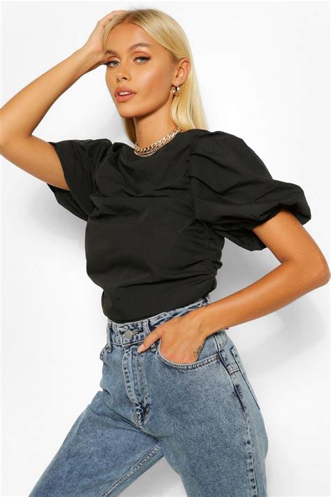 Woven Ruched Puff Sleeve Crop Top Boohoo