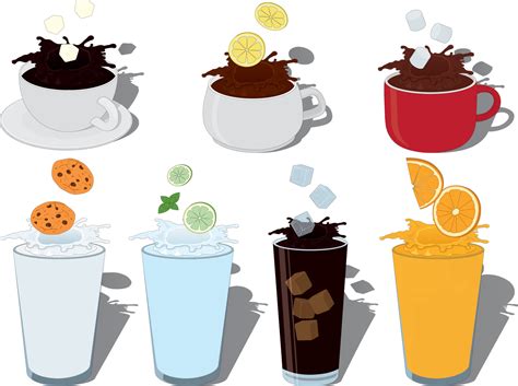 Collection Of Hot And Cold Drinks With Big Splashes On Top Vector