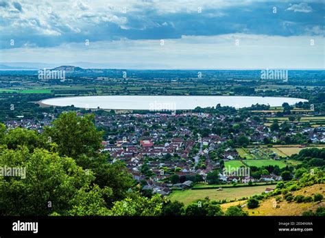 High shot of countryside and hills surrounding Cheddar village and ...