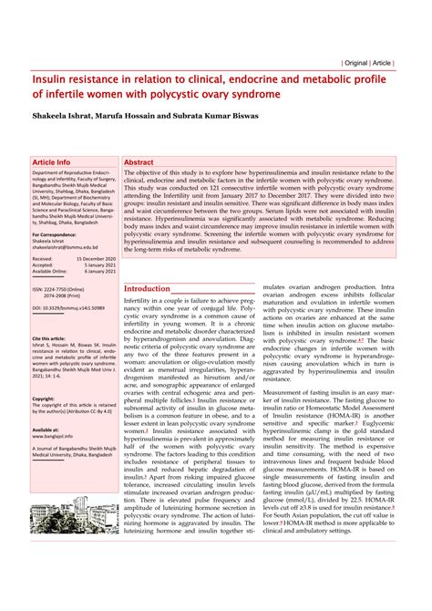 Pdf Insulin Resistance In Relation To Clinical Endocrine And Metabolic Profile Of Infertile